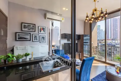 Modern open-plan living room with city view and stylish decor