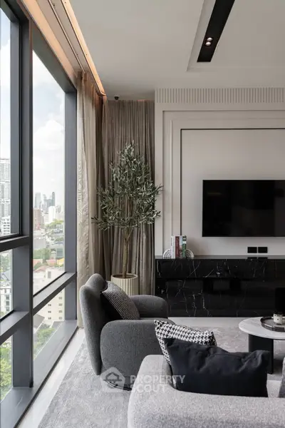 Luxurious modern living room with panoramic city view and elegant decor