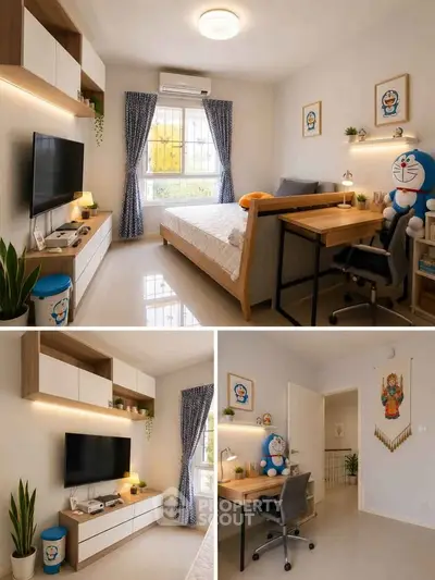 Modern bedroom with stylish decor, featuring a cozy bed, sleek desk, and entertainment setup, perfect for relaxation.