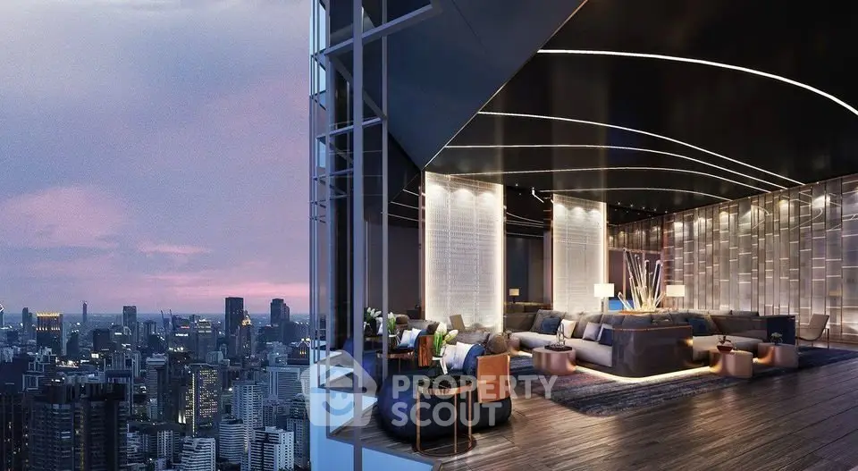 Luxurious high-rise living room with stunning city skyline view at sunset.