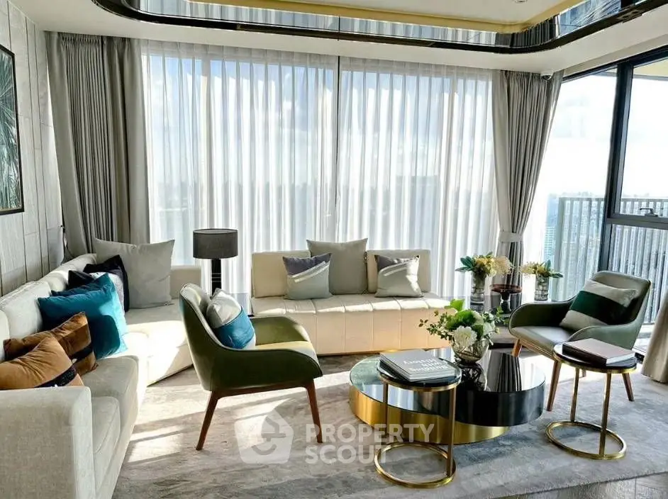 Luxurious living room with modern decor and panoramic city view