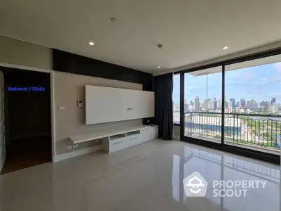 Spacious modern living room with city view and large windows