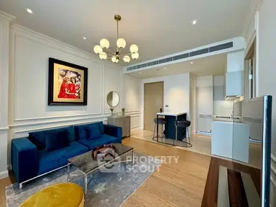 Luxurious modern living room with elegant decor and open kitchen layout