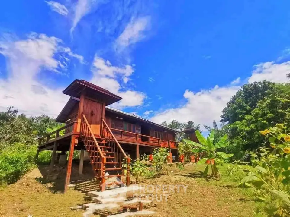Charming elevated wooden house with lush greenery and clear blue sky
