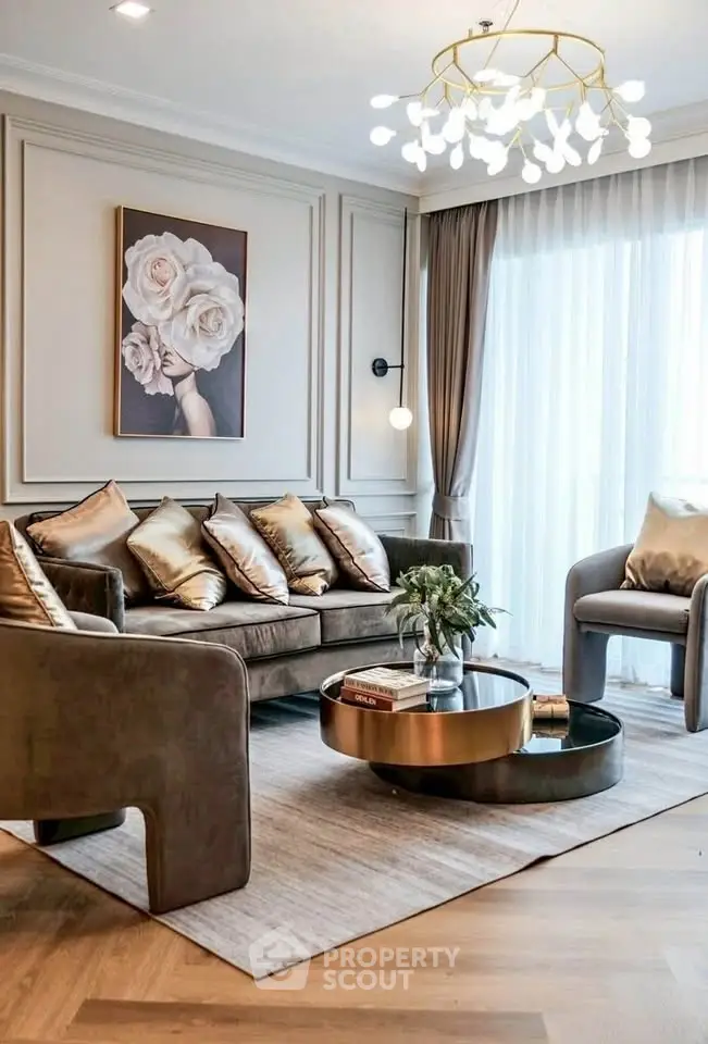 Luxurious living room with elegant decor, plush seating, and modern chandelier, perfect for stylish urban living.