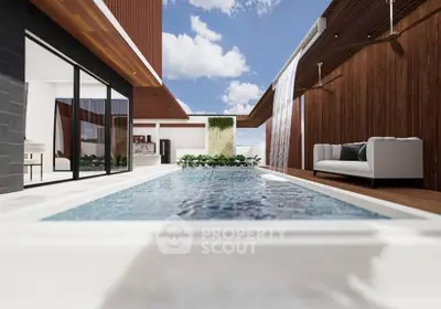 Luxurious modern poolside with elegant seating and stunning architectural design.