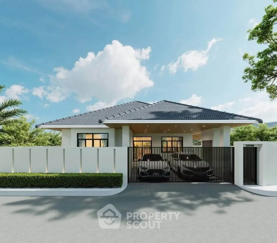 Modern single-story house with sleek design, spacious driveway, and lush greenery, perfect for serene living.