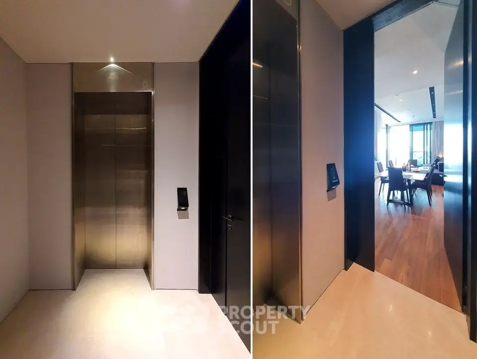 Modern elevator entrance in luxury residential building with sleek design and ambient lighting.