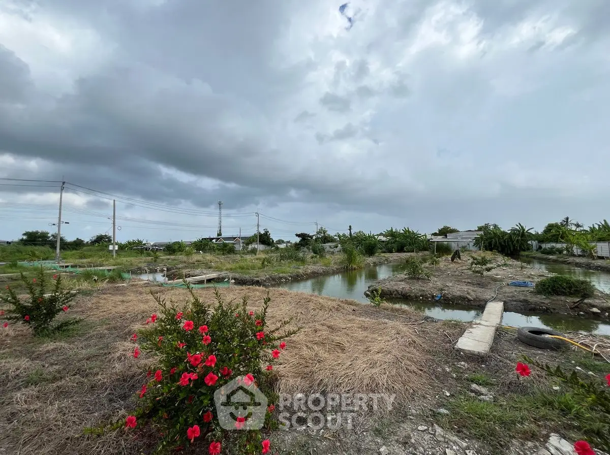 Expansive land with lush greenery and water features under a dramatic cloudy sky, ideal for development.