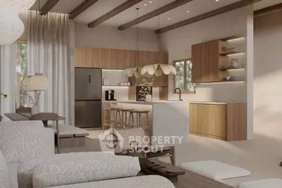 Luxurious open-plan kitchen and living area with modern wooden finishes and elegant lighting.