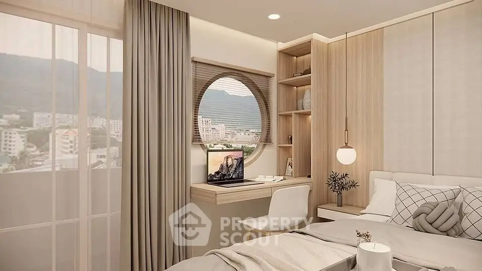 Modern bedroom with mountain view and built-in desk, perfect for relaxation and work.