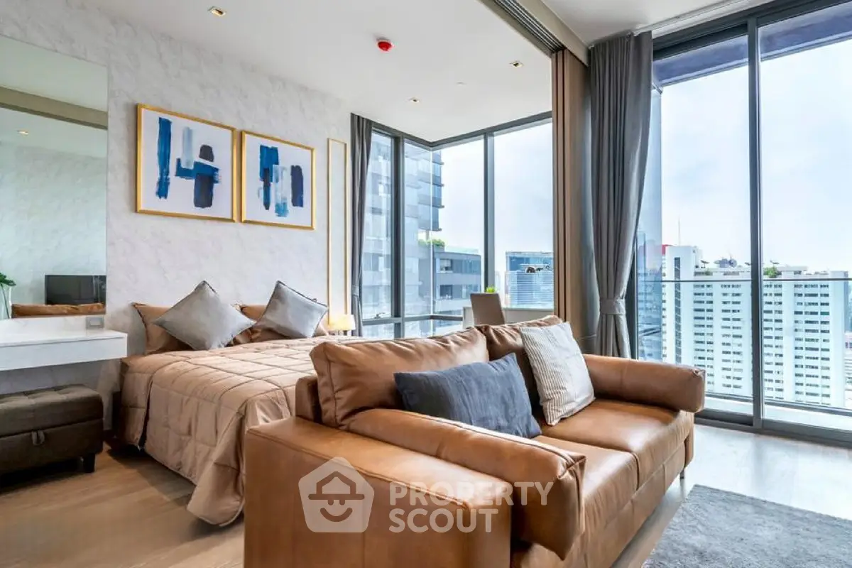 Luxurious modern bedroom with stunning city view and elegant decor