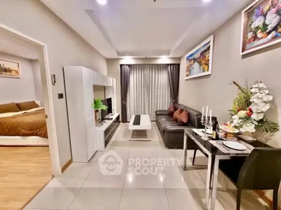 Stylish modern living room with elegant decor and cozy bedroom view