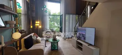 Luxurious modern living room with high ceilings and stylish decor