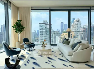 Luxurious living room with panoramic city views and modern furnishings in high-rise apartment.