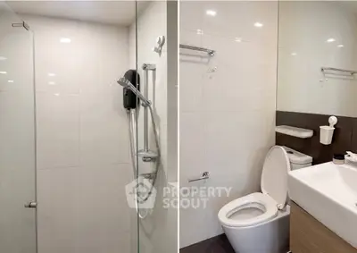 Modern bathroom with sleek shower and toilet in contemporary apartment.
