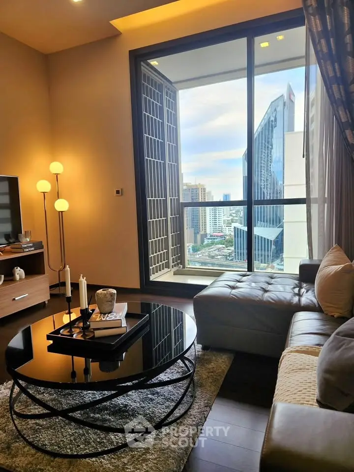 Luxurious living room with stunning city view from high-rise apartment