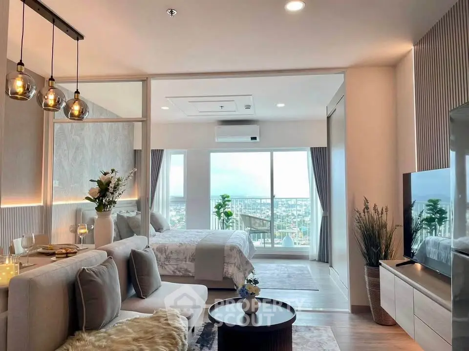 Luxurious modern living room with open layout and stunning city view