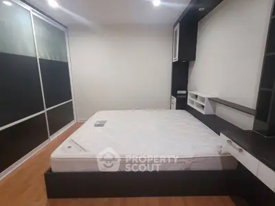 Modern bedroom with sleek built-in storage and comfortable bed, perfect for urban living.