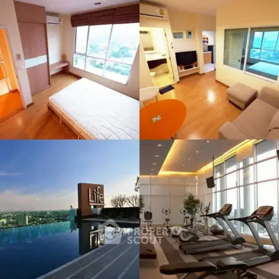 Modern condo with bedroom, living room, rooftop pool, and gym offering city views.