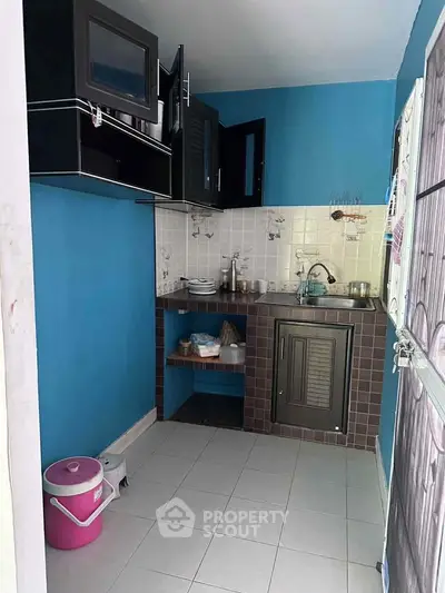 Compact kitchen with blue walls and modern cabinetry