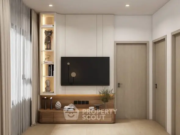 Modern living room with sleek TV setup and stylish decor