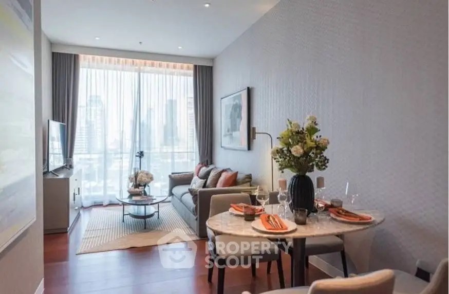 Modern living room with elegant dining area and city view, perfect for urban living.