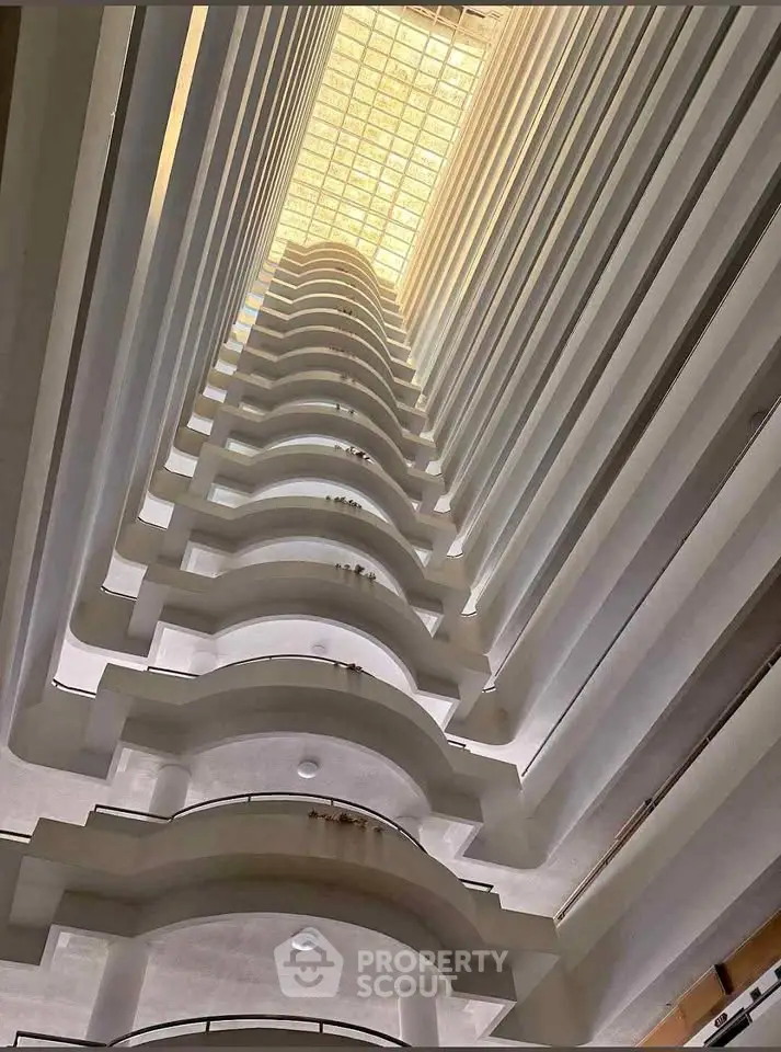 Stunning view of a modern high-rise building's interior atrium with elegant architectural design.