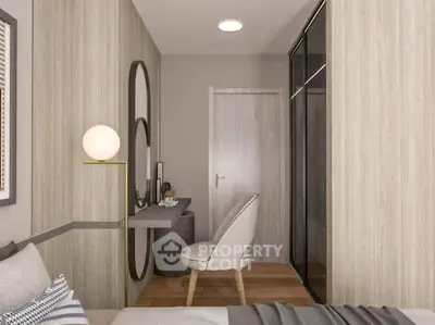 Modern bedroom with stylish decor and sleek furniture design.