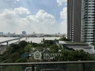 Breathtaking high-rise balcony view overlooking a serene river, lush greenery, and urban skyline, perfect for upscale city living.