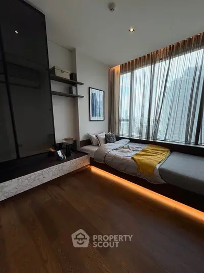 Luxurious bedroom with panoramic city view and modern decor