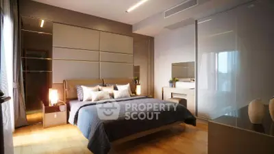 Luxurious modern bedroom with sleek design and ambient lighting