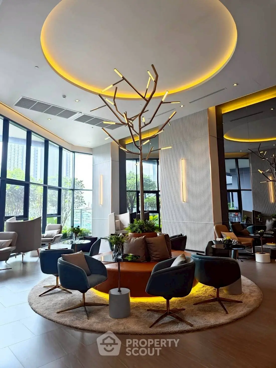 Luxurious modern living room with elegant lighting and stylish furniture