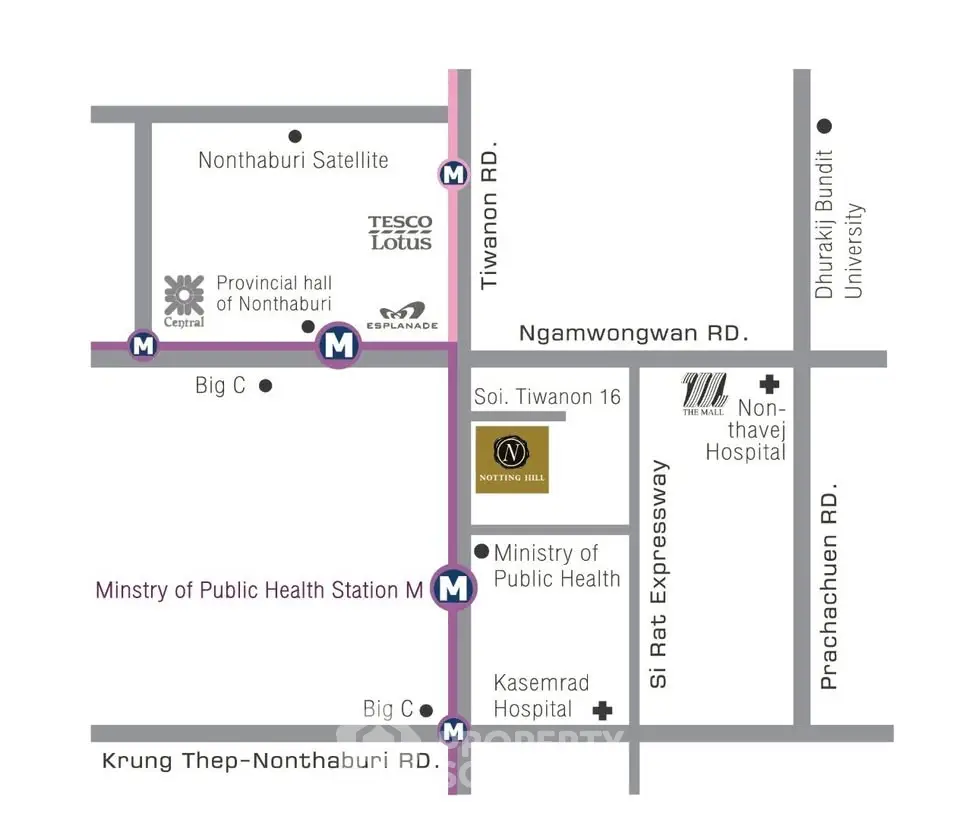 Map showing proximity to amenities like hospitals, universities, and shopping centers near a real estate property.
