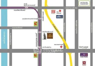 Map showing real estate locations and nearby amenities in a city area.