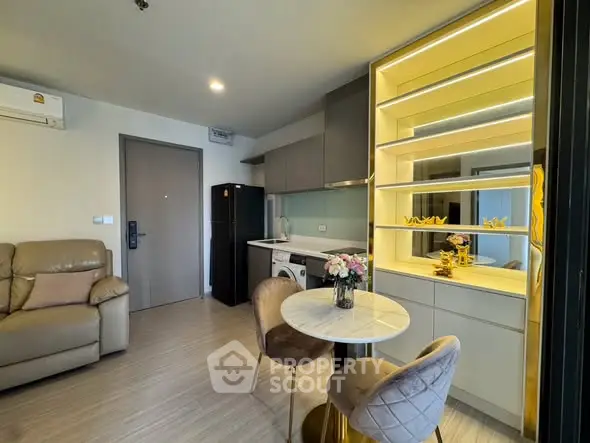 Modern apartment interior with cozy living area and stylish kitchen