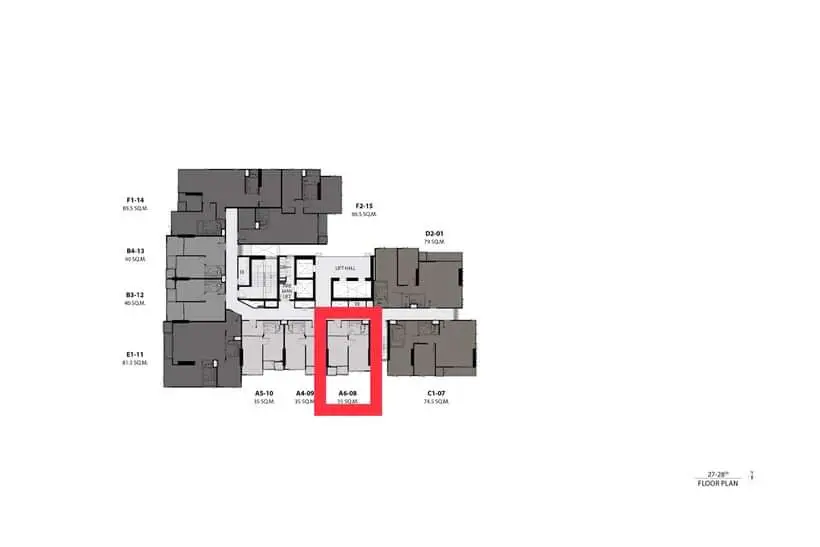 Detailed floor plan layout of modern residential building with highlighted unit.