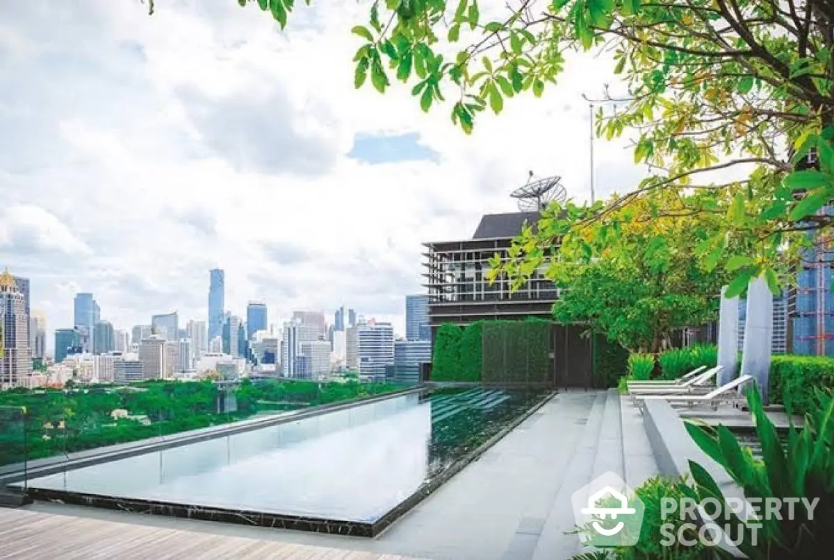 Luxurious rooftop pool with stunning city skyline view and lush greenery