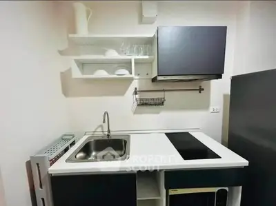 Compact modern kitchen with sleek black cabinets and electric stove, ideal for urban living.