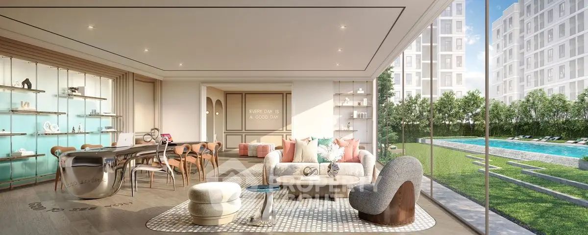 Luxurious living room with pool view and modern furniture in upscale apartment complex.