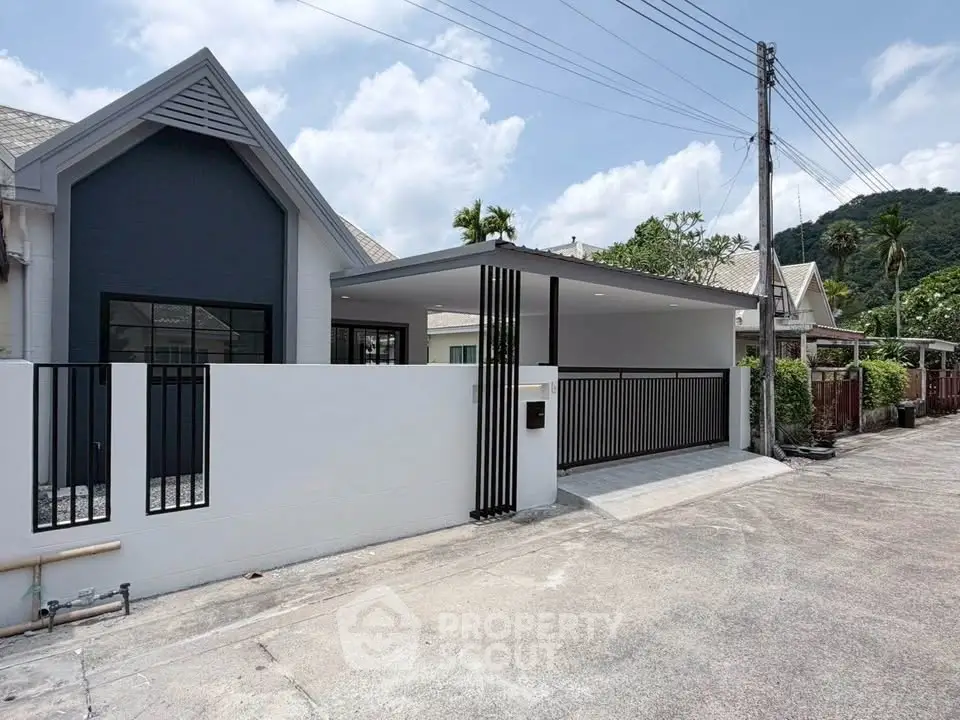 Modern single-story house with sleek design and spacious driveway in a serene neighborhood.