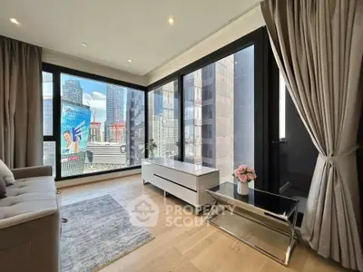Luxurious living room with stunning city view and modern decor