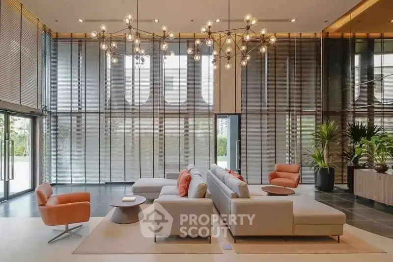 Luxurious modern living room with high ceilings and elegant lighting
