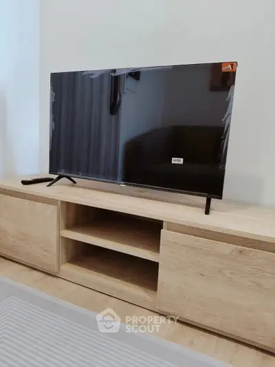 Modern living room with sleek TV on wooden stand, minimalist design.