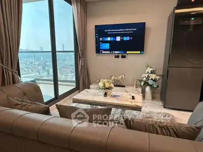 Luxurious living room with stunning city view and modern decor