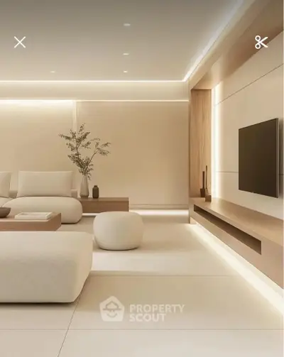 Luxurious modern living room with minimalist design and ambient lighting