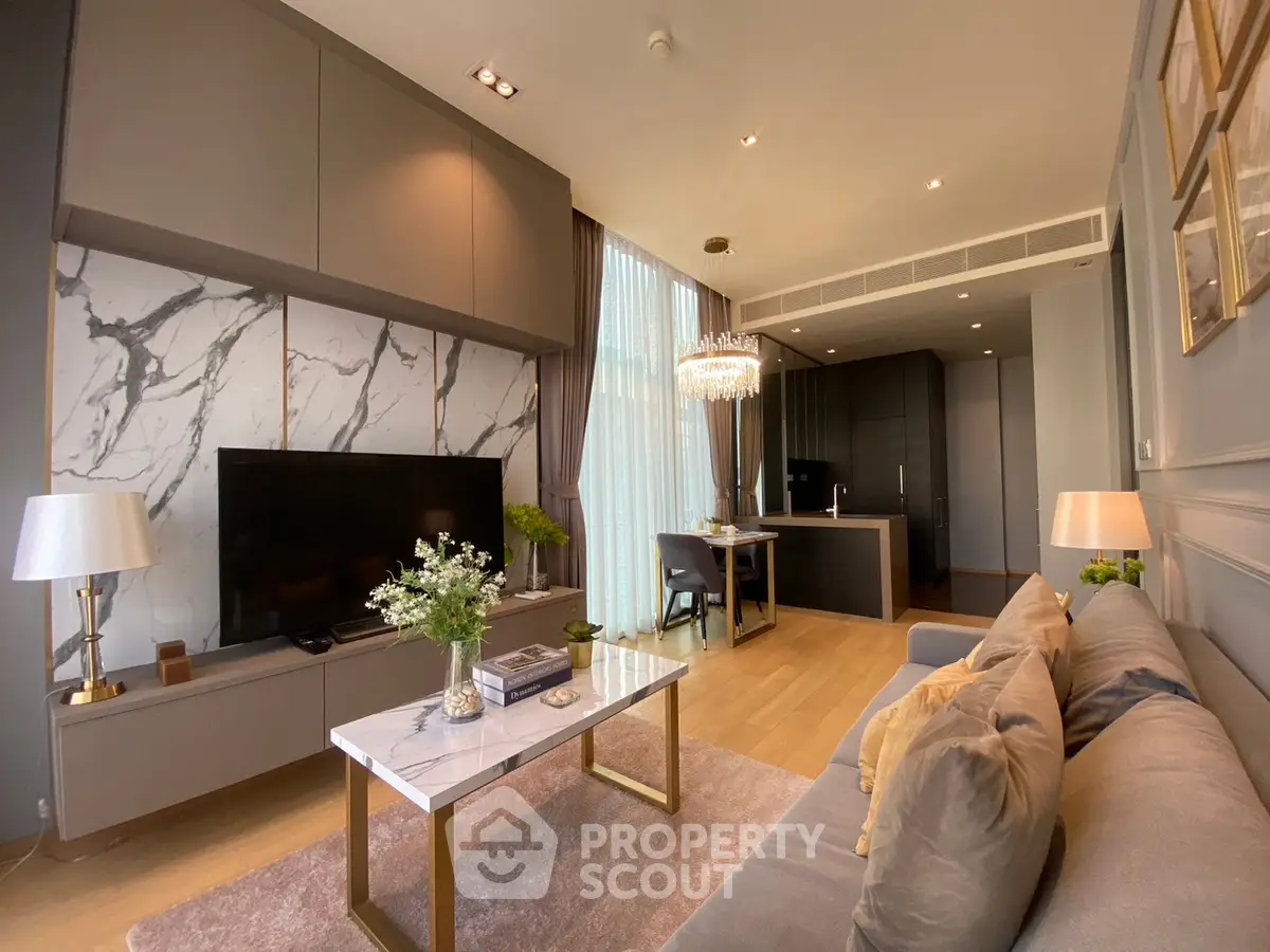 Luxurious modern living room with elegant decor and open kitchen layout