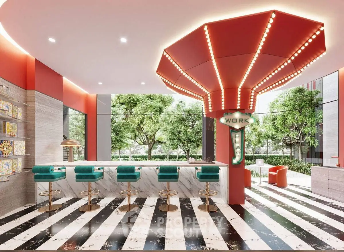 Luxurious modern interior with stylish bar seating and vibrant lighting, perfect for social gatherings.