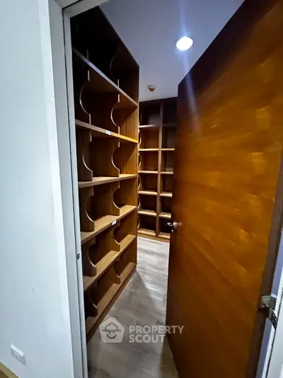 Spacious wooden storage room with built-in shelves and modern lighting.