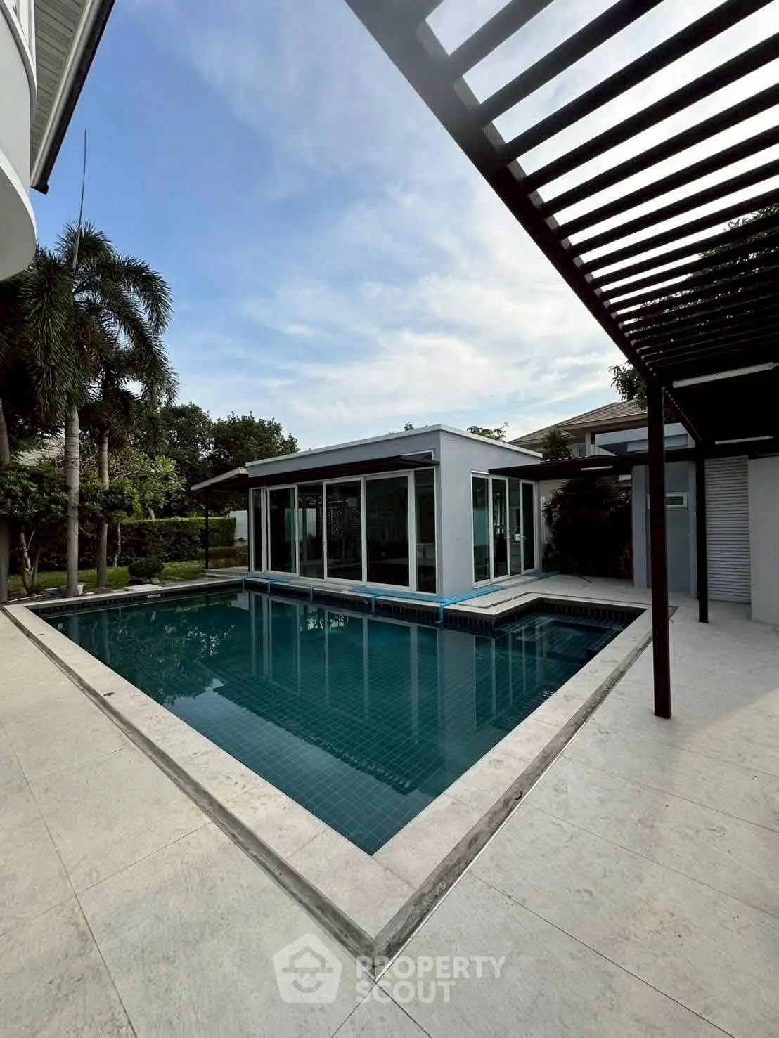 Modern villa with private pool and lush garden, perfect for luxury living.